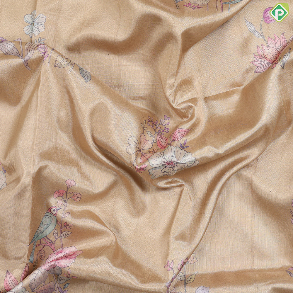 Sandal Colour With Multi Colour Flowers Printed Design Semi tusser Fancy Saree