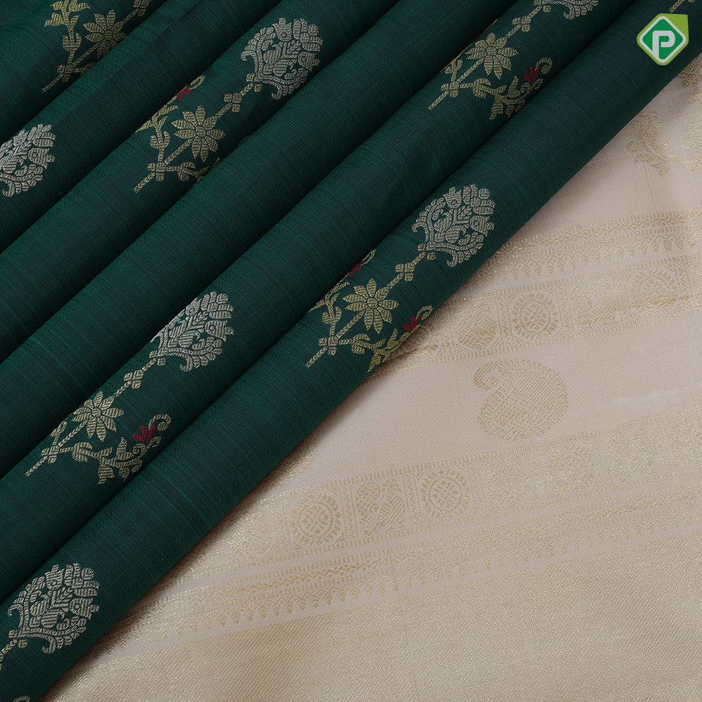 Bottle Green Gold Zari Flower Design Cream Colour Peacock Chagaram Border Design Traditional Silk Saree