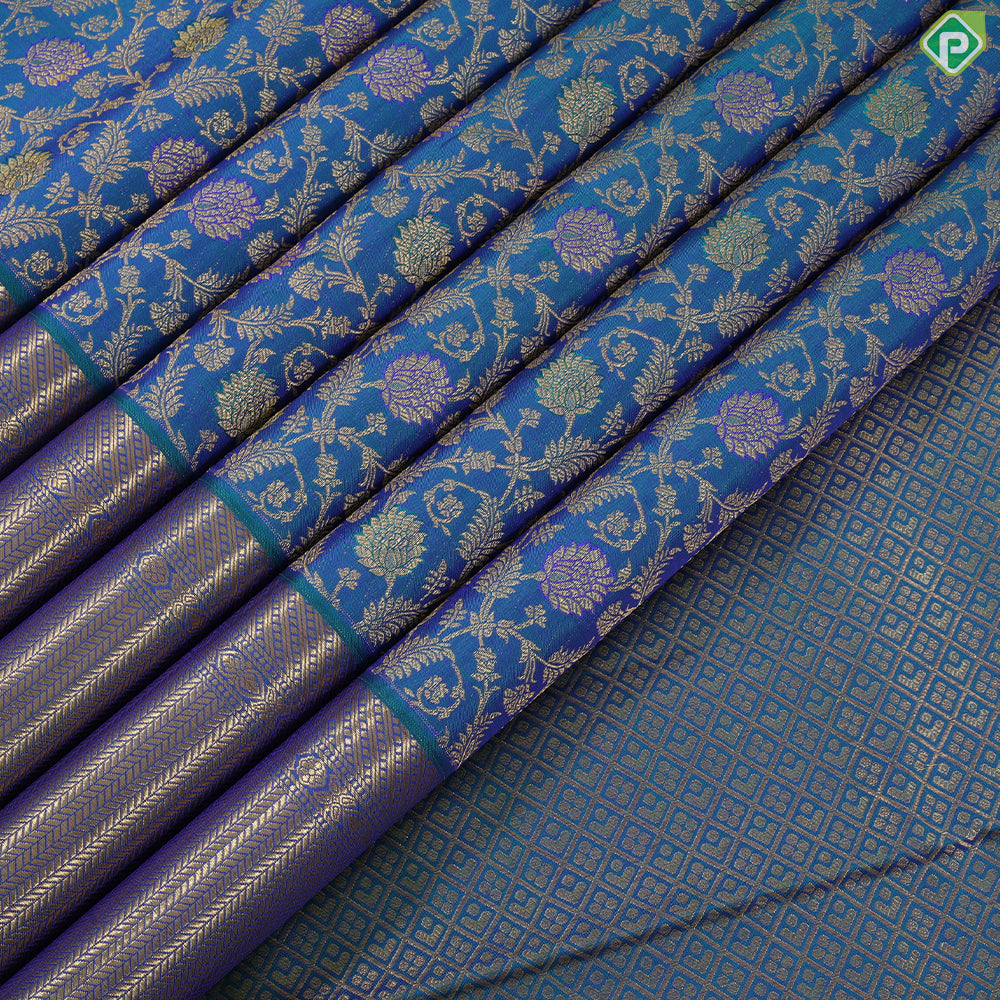 Peacock green gold zari meena work grand floral design self gold zari Stripes border grand bridal silk saree