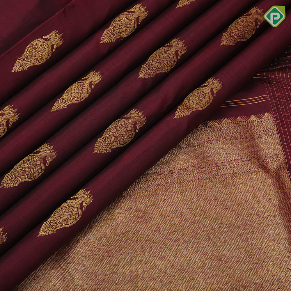 Maroon gold zari Kandapiranda butta design self vairaoosi checks border traditional silk saree