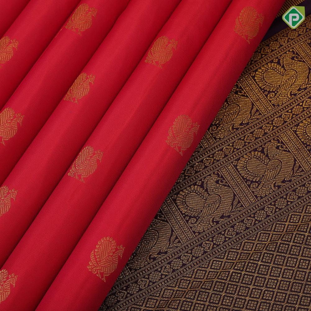 Tomato red gold zari annam butta design purple blue gold zari meena work border retro traditional silk saree