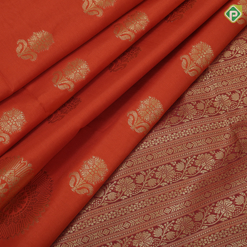 Rust Orange Gold Zari Butta Design Brown Floral Border Design Soft Art Saree