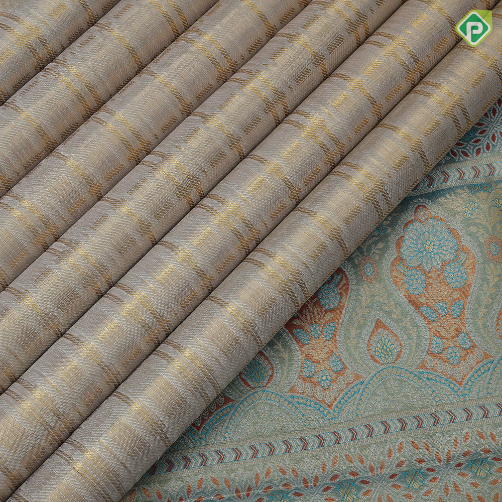 silver gold zari by zari checked weaved design jade green parrot rose cashew detailed border bridal silk saree