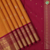 Mango yellow silver gold zari peacock butta design coffee brown purple gold zari meena work lines border vintage retro silk saree
