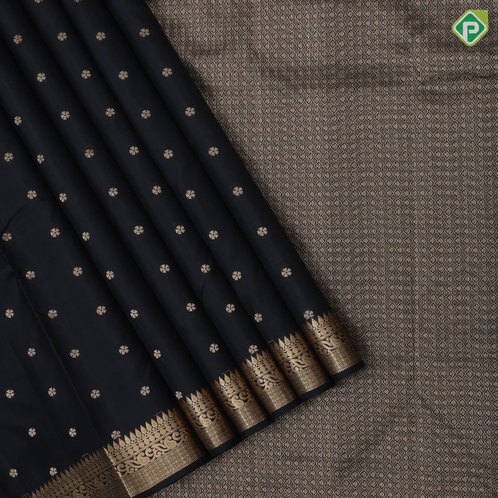 Black Colour Gold Zari Small Flower Butta Design Self Colour Mango Mayilkan Border Design Luxury Black Silk Saree