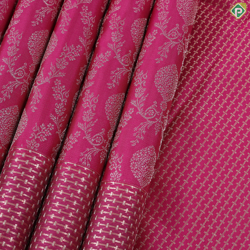 Rani Pink with neem zari grand floral full body design self border bridal silk saree