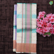 creamy sandal multi color checks design copper zari mayilkan border 8*4 silk dhoti set
