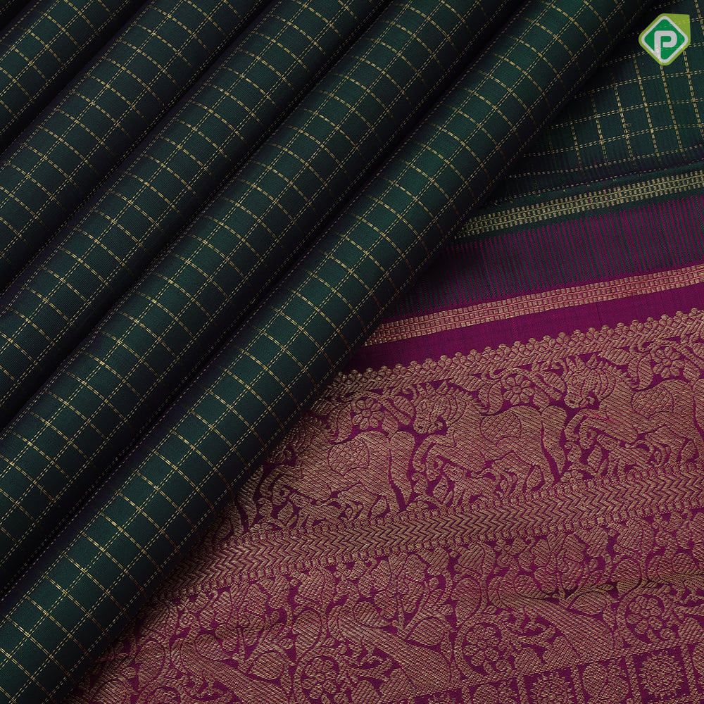 Castleton green gold zari vairaoosi zari kattam contrast purple gold zari rettapet border traditional silk saree