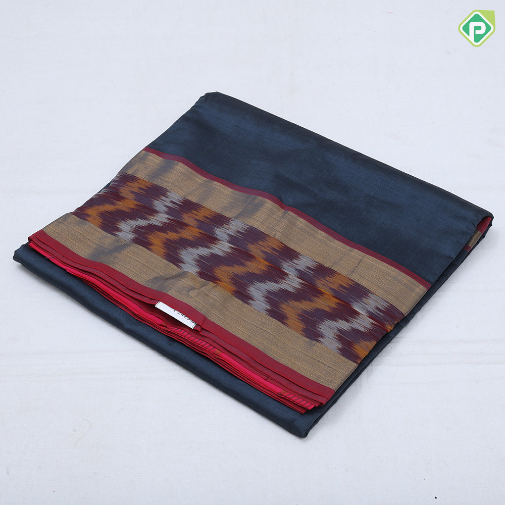 Solid dark color body design contrast ikkat design border 10 yards silk cotton saree