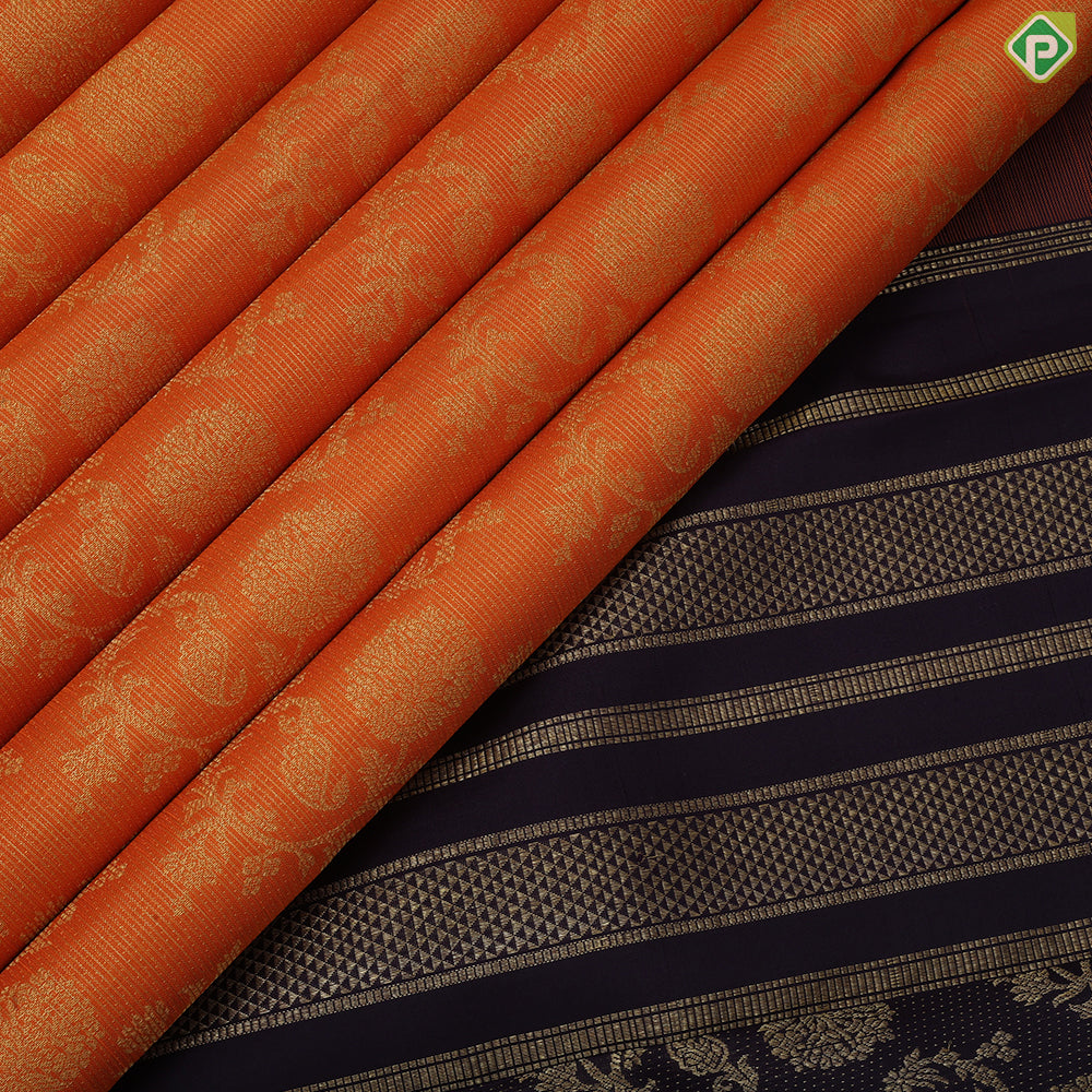 Dark orange gold zari grand flower design grape brown gold zari double line border exclusive bridal silk saree