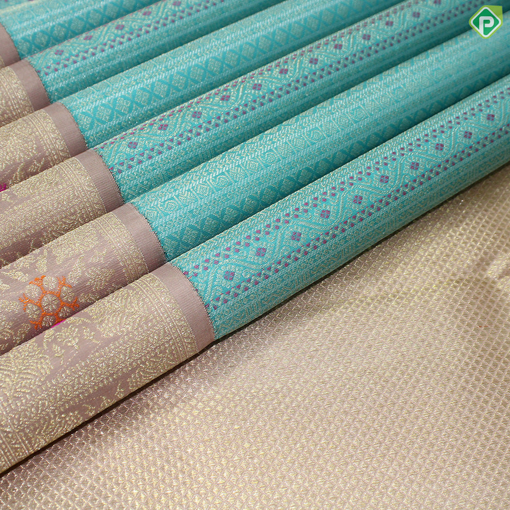 Rama Blue Silver Zari With Peach Pink Gold Zari Meena Work Traditional Silk Saree