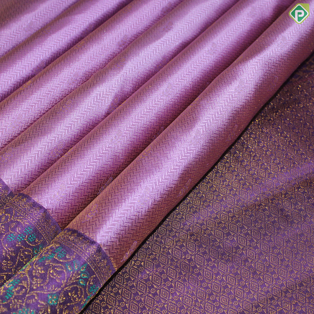 Rose Pink Gold Zari Zig-Zag and Floral Design With Purple Color Meena Work Border Traditional Silk Saree