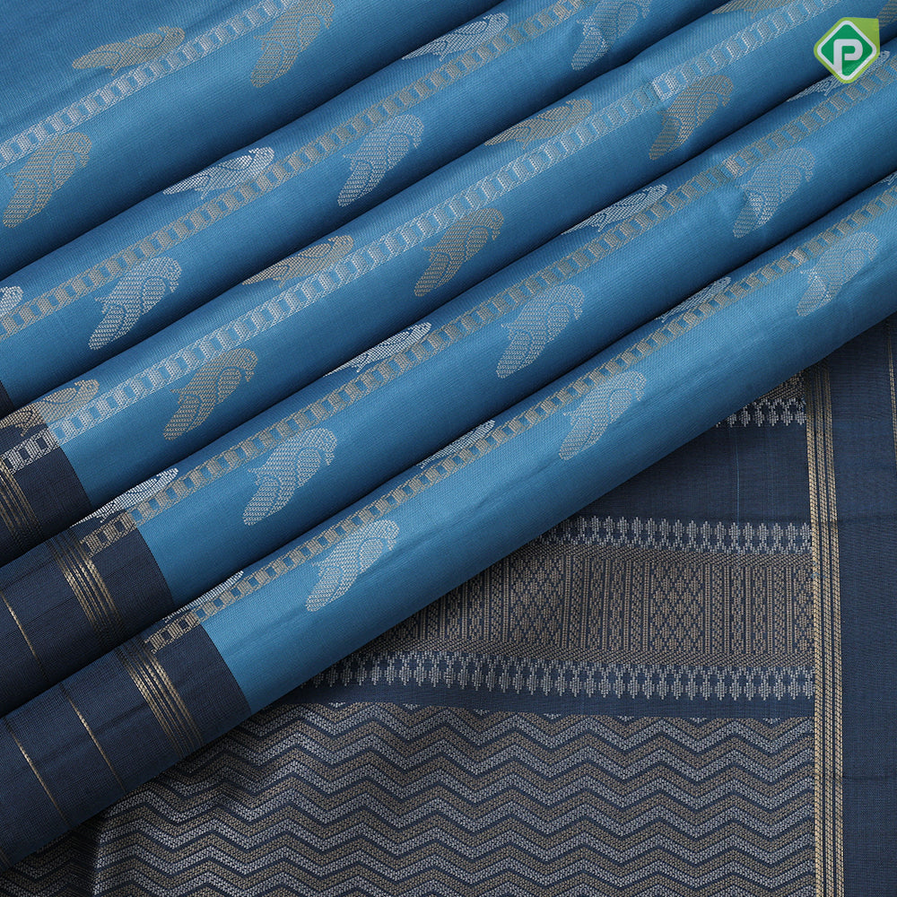 peacock blue silver gold zari bird on ladder design peacock green gold zari lines border soft silk saree