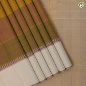Multi color self-weaved half and half design cream white plain thazampoo border contemporary silk saree