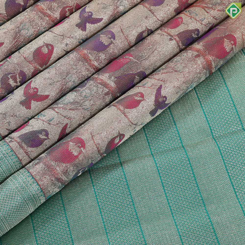 Brick orange multi color birds in forest inspired tissue contrast green silver gold zari diamond border trendy silk saree