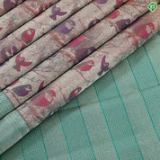 Brick orange multi color birds in forest inspired tissue contrast green silver gold zari diamond border trendy silk saree