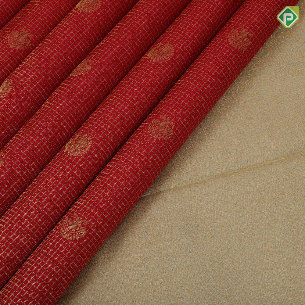 Candy apple red  gold  zari peacock checks  design milk white mango ruthratcha mayilkon border design traditional silk saree