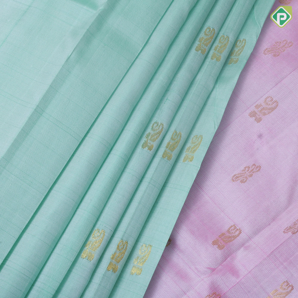 seafoam green gold zari fancy flower butta baby pink gold zari mayilkan one side border silk saree