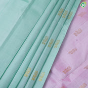 seafoam green gold zari fancy flower butta baby pink gold zari mayilkan one side border silk saree