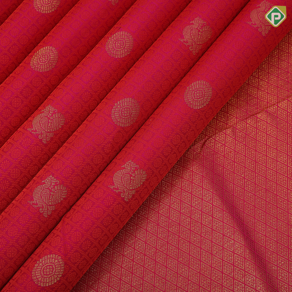 Pinkish red dual tone thread work and gold zari butta self gold zari mayilkan edge border traditional silk saree