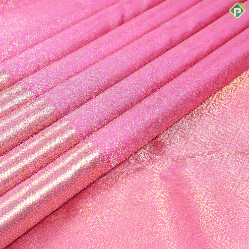 Light Pink With Gold Zari Body Design Self Colour With Green Edge Border Grand Silk Saree