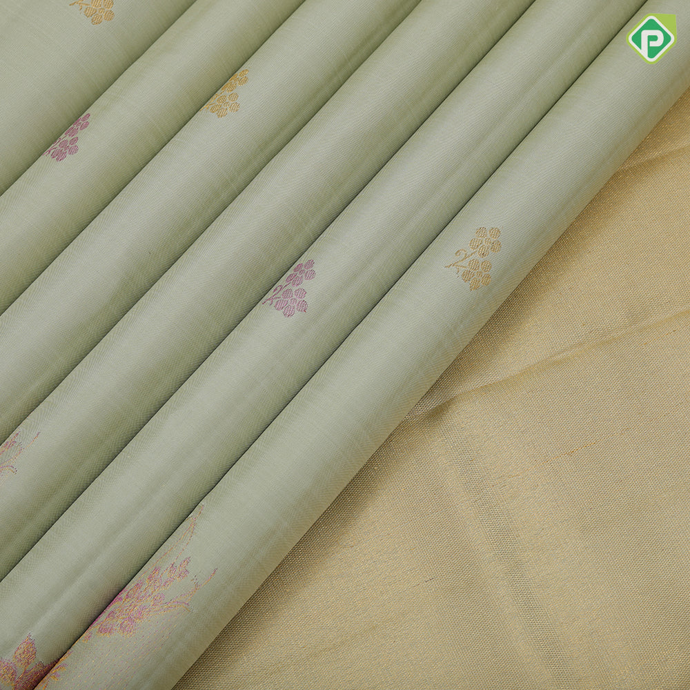 Pista green rose gold neem zari fancy flower butta motifs self tuning floral border trendy designer silk saree
