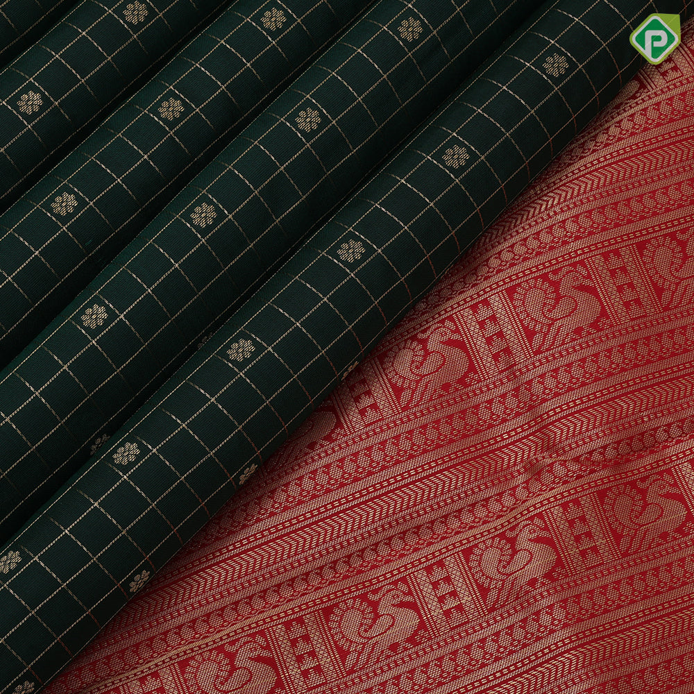 Bottle Green Gold Zari Checks Flower Motif Design Red Peacock Elephant Mango Border Design Traditional Silk Saree