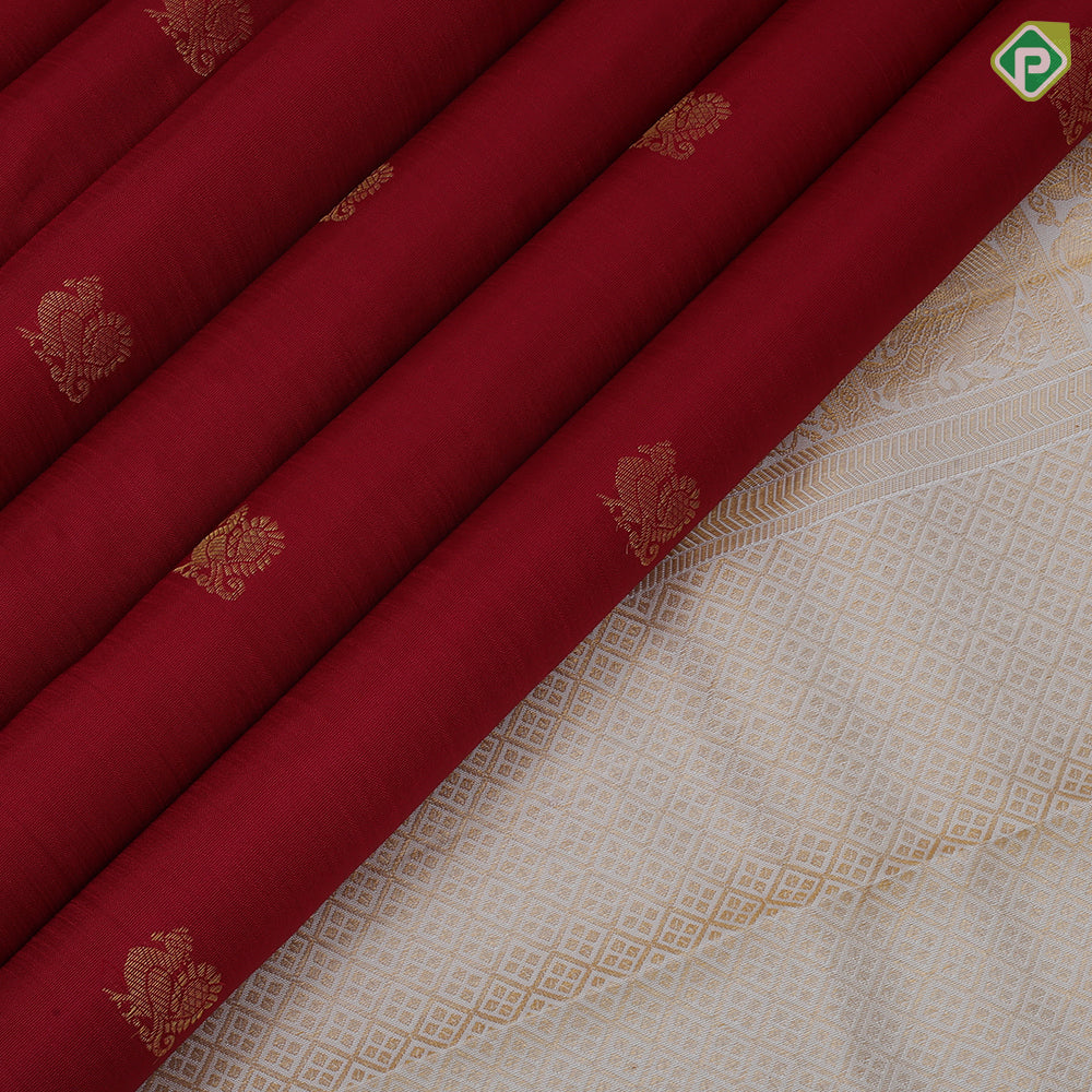 Chilly Red Gold Zari Peacock Motif Design Cream White Peacock Border Design Traditional Silk Saree