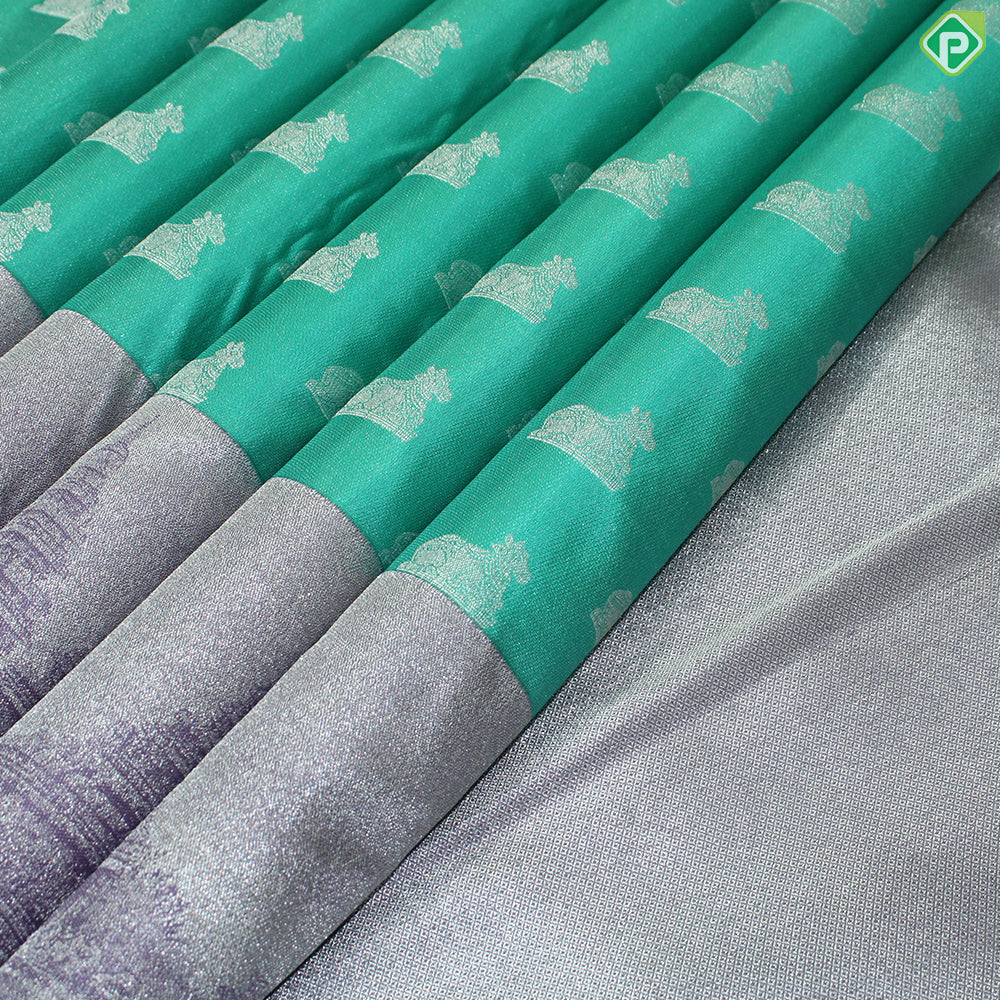 Rexsona Green Nandi Motif Silver Zari With Lavender Border Traditional Silk Saree