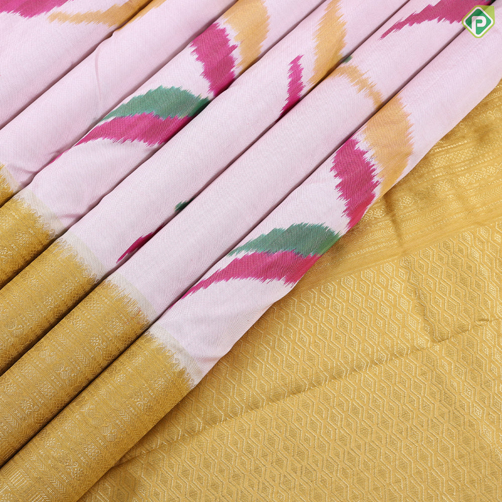 Cream white multicolor flying twitter ikkat design Mustard yellow gold zari multi lines border ikkat silk saree