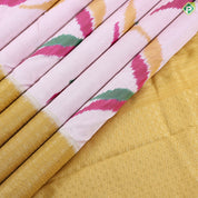 Cream white multicolor flying twitter ikkat design Mustard yellow gold zari multi lines border ikkat silk saree