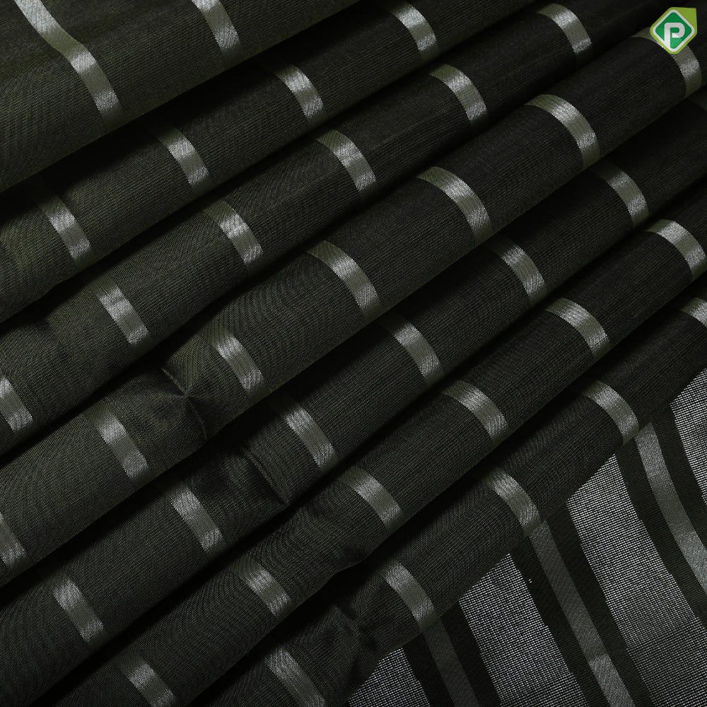 Olive green silver stripes design borderless soft silk saree