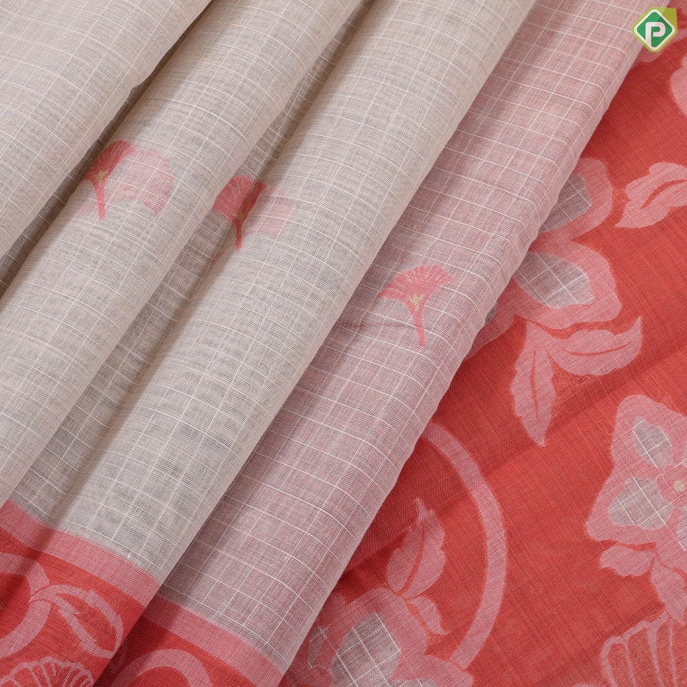 wood beige cream checked flower design contrast pink cream modern art border fancy cotton saree