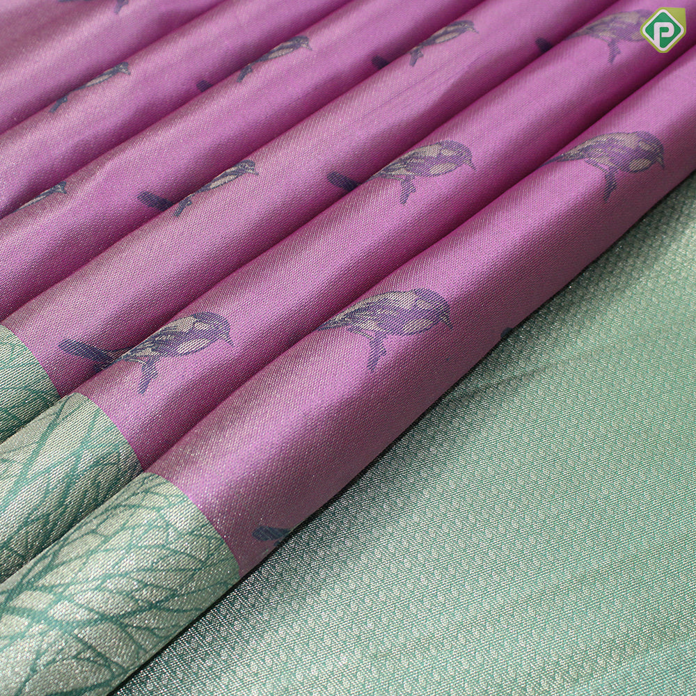 Pink Birds Design Gold Zari With Rexsona Green Jungle Border Fancy Trendy Silk Saree