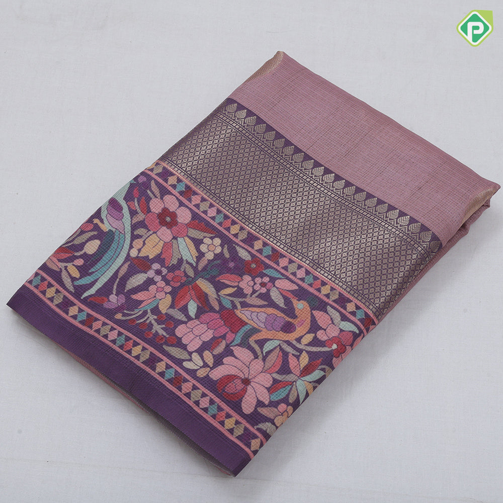 Peach Based Colour Coin Design Contrast Peacock Flower Border Fancy Cotton Saree
