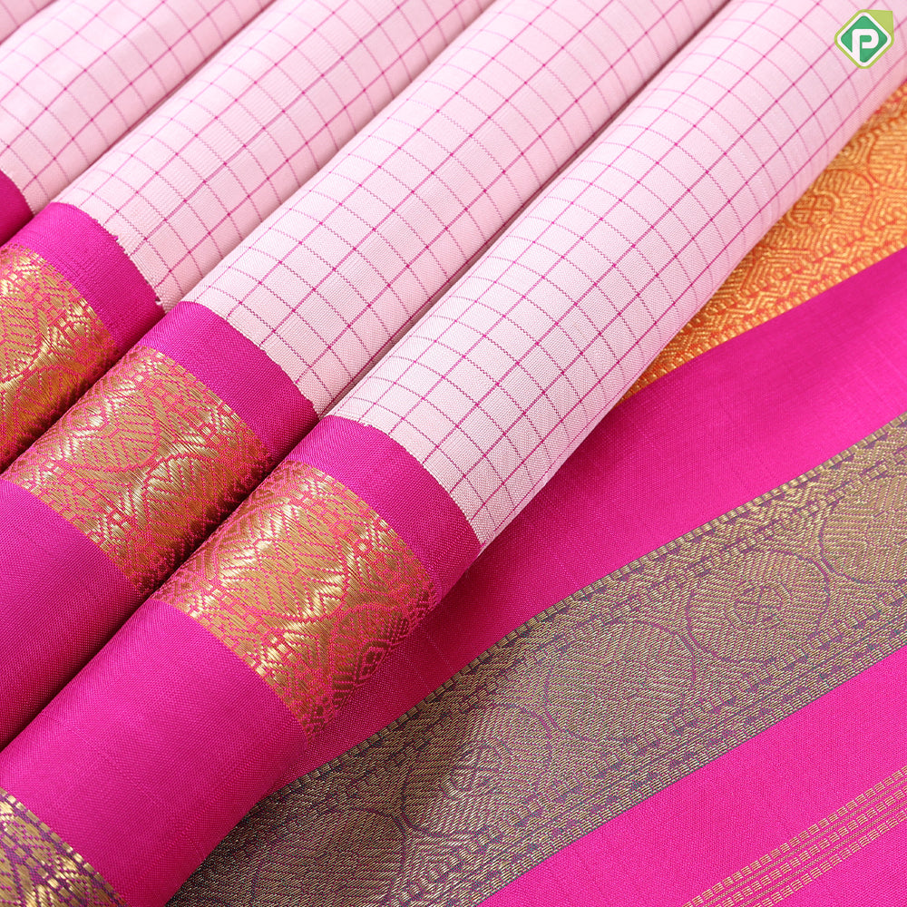peach with pink silk thread small checkered contrast pink with gold zari rettapet gap border traditional silk saree