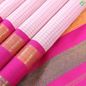 peach with pink silk thread small checkered contrast pink with gold zari rettapet gap border traditional silk saree