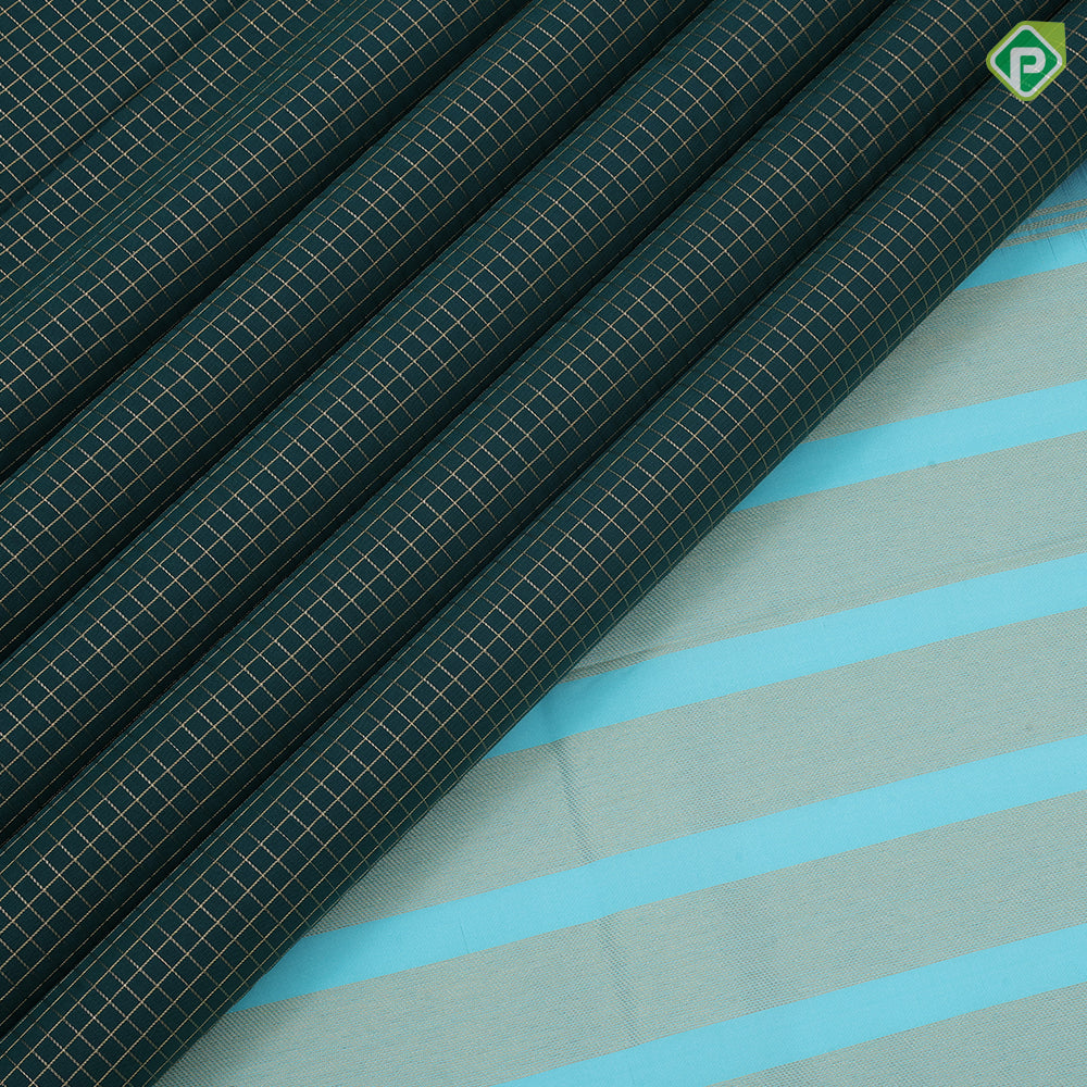 Bottle green gold zari vairaoosi checkered kattam turquoise gold zari retta pattai border uniform art silk saree