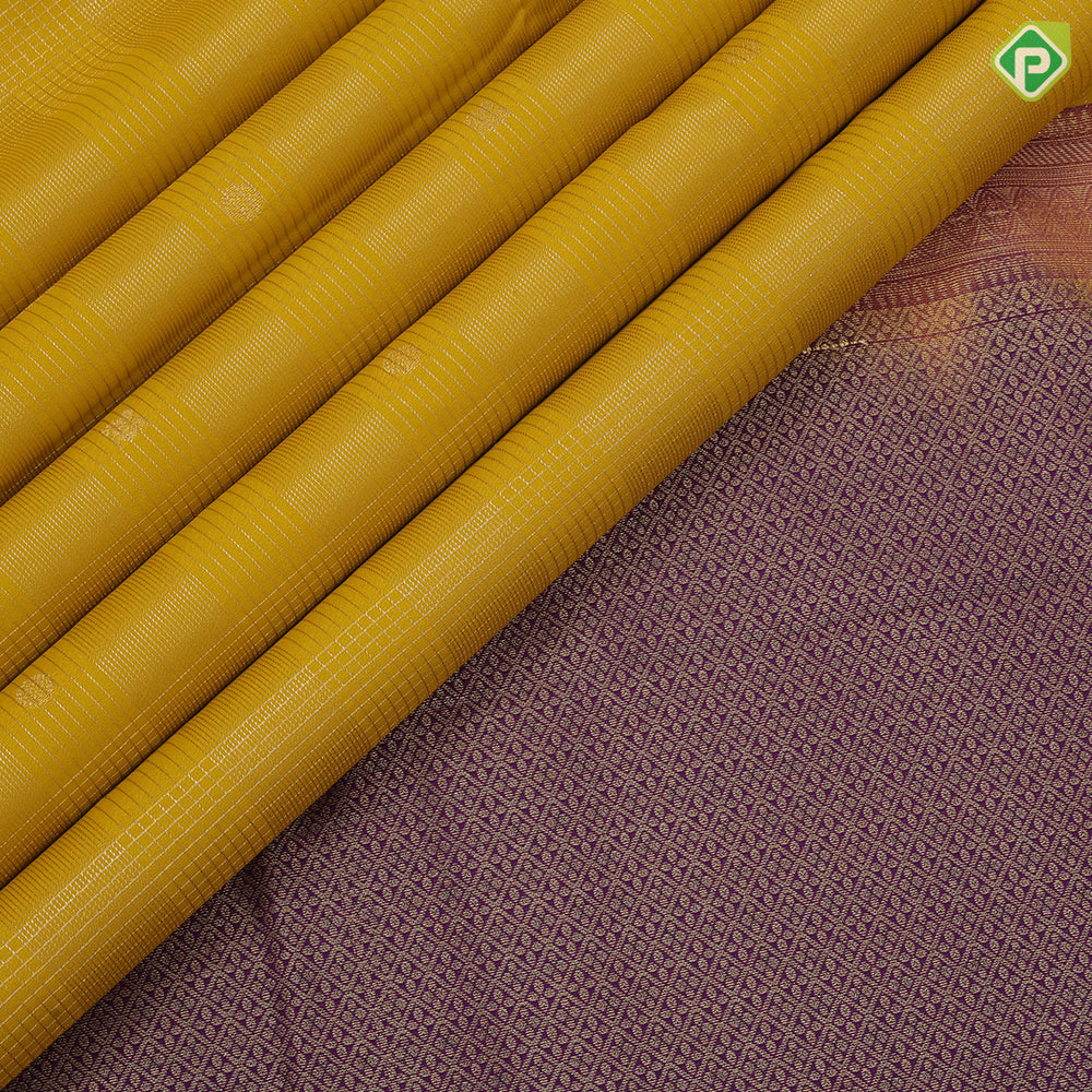 Mustard yellow gold zari vairaoosi checkered butaa purple gold zari peacock yaali border art silk saree