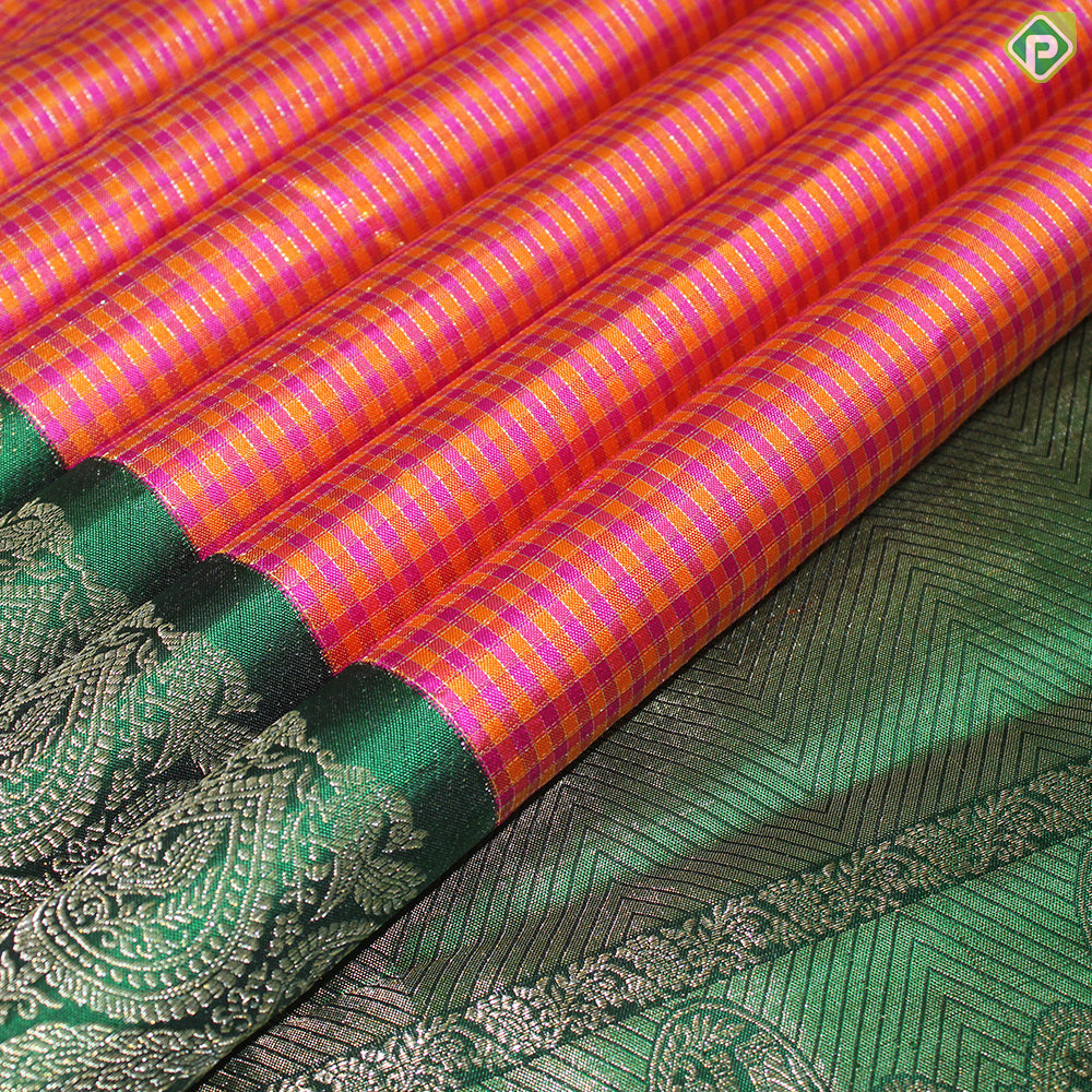 Fanta Orange And Pink Color Checked Gold Zari With Green Color Peacock Design Border Traditional Silk Saree
