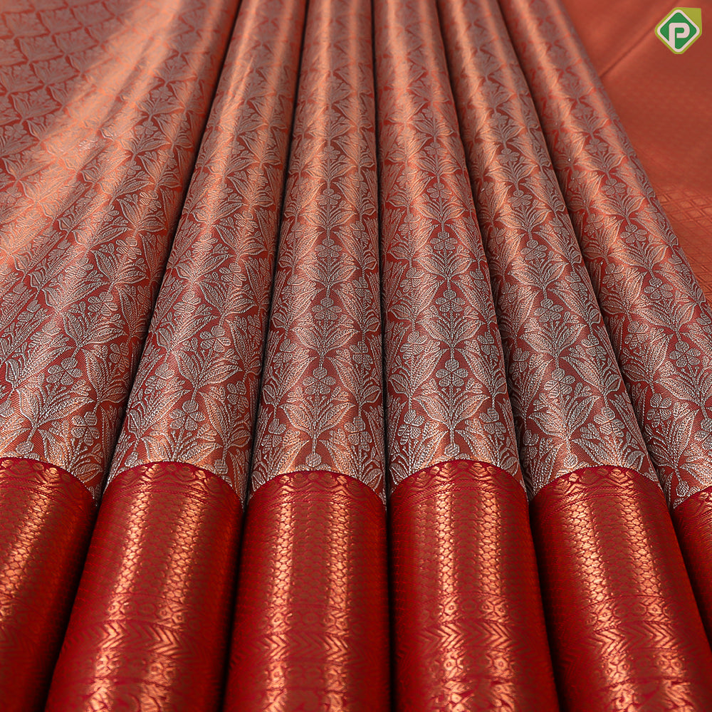 Magenta Copper With Silver Zari Fancy Flower Organized Rangoli Design Border Grand Tissue Silk Saree