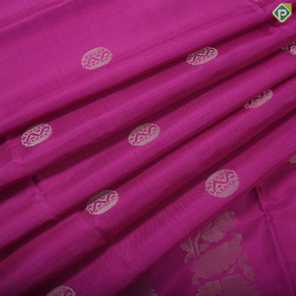 Rani pink silver gold zari round butta design Self gold zari border soft silk saree