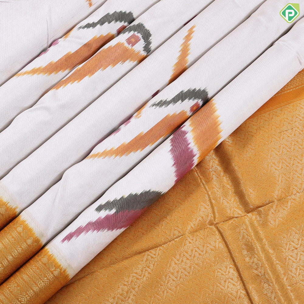 Cream white multicolor flying twitter ikkat design Mustard yellow gold zari multi lines border ikkat silk saree