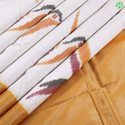 Cream white multicolor flying twitter ikkat design Mustard yellow gold zari multi lines border ikkat silk saree