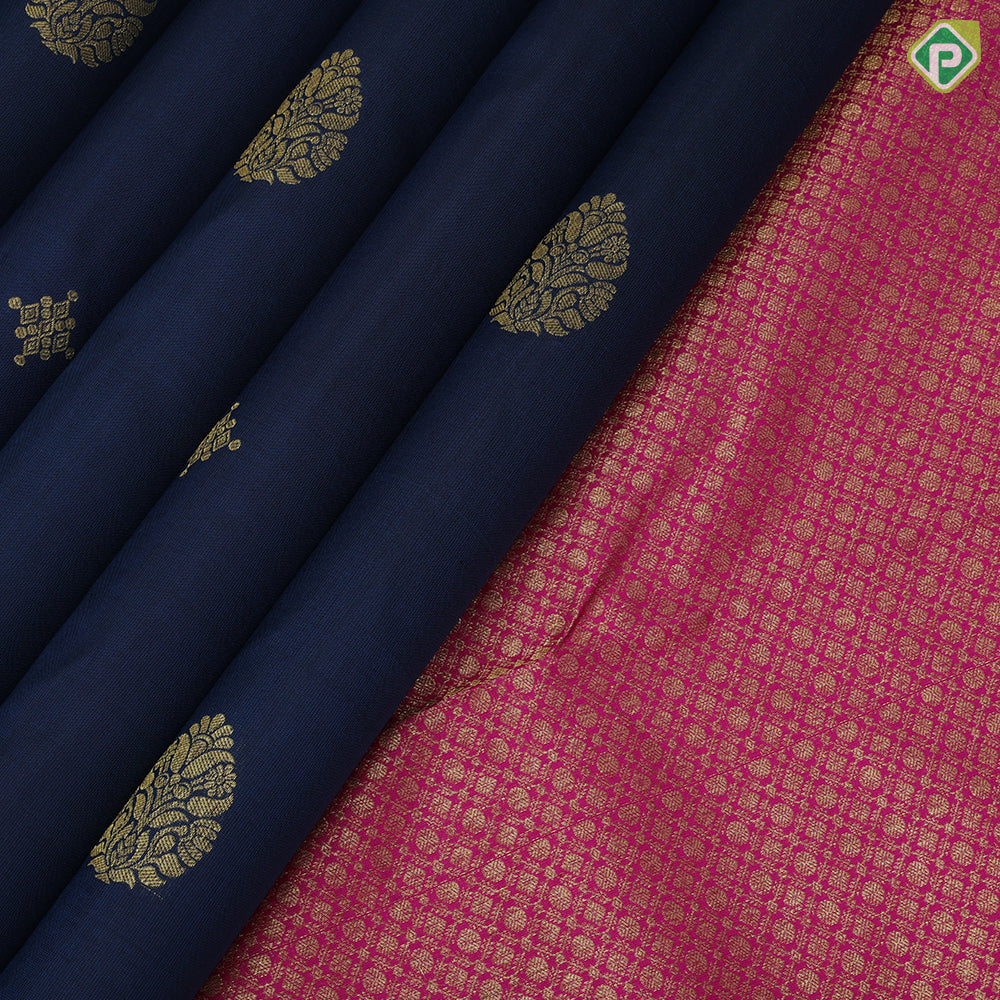 Midnight blue gold zari thilagam butta design rose pink gold zari mango design butta lines border gift silk saree