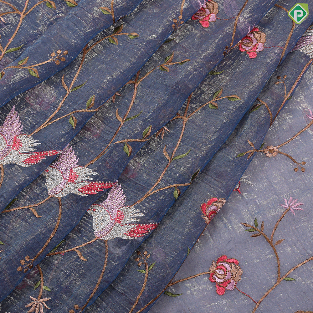 Porpoise grey tissue effect floral embroidered design edge cut work border Holly wood fancy saree