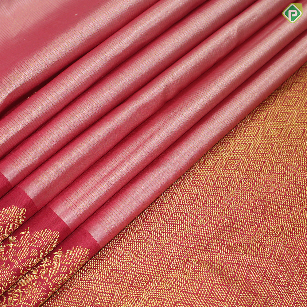 Peach Pink Gold Zari  With Chili Red Border Traditional silk Saree