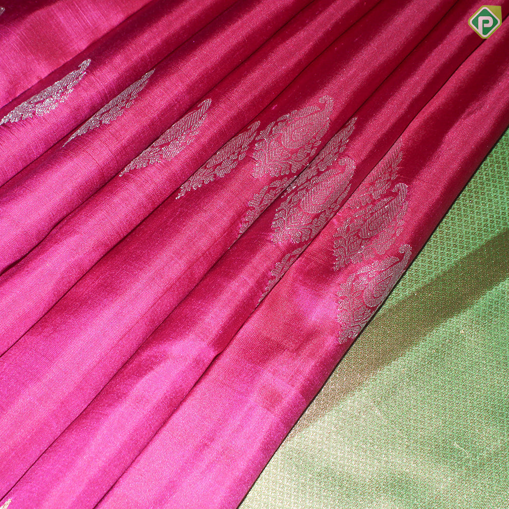 Magenta With Silver And Gold Zari Waves Butta Design Borderless Trendy Designer Silk Saree