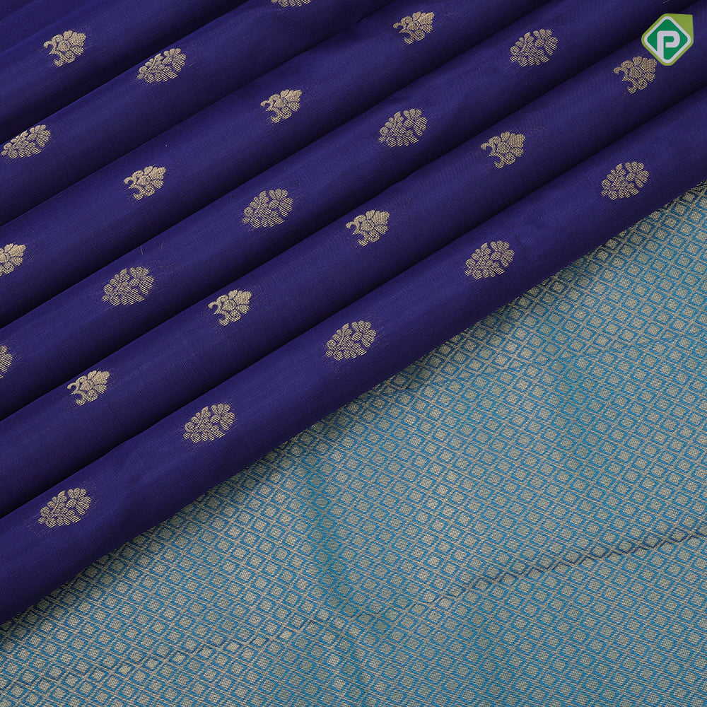 Royal Blue Gold Zari Flower Butta Design Rexsona Green Ruthracham Flower Border Design Pure Mix Silk Saree