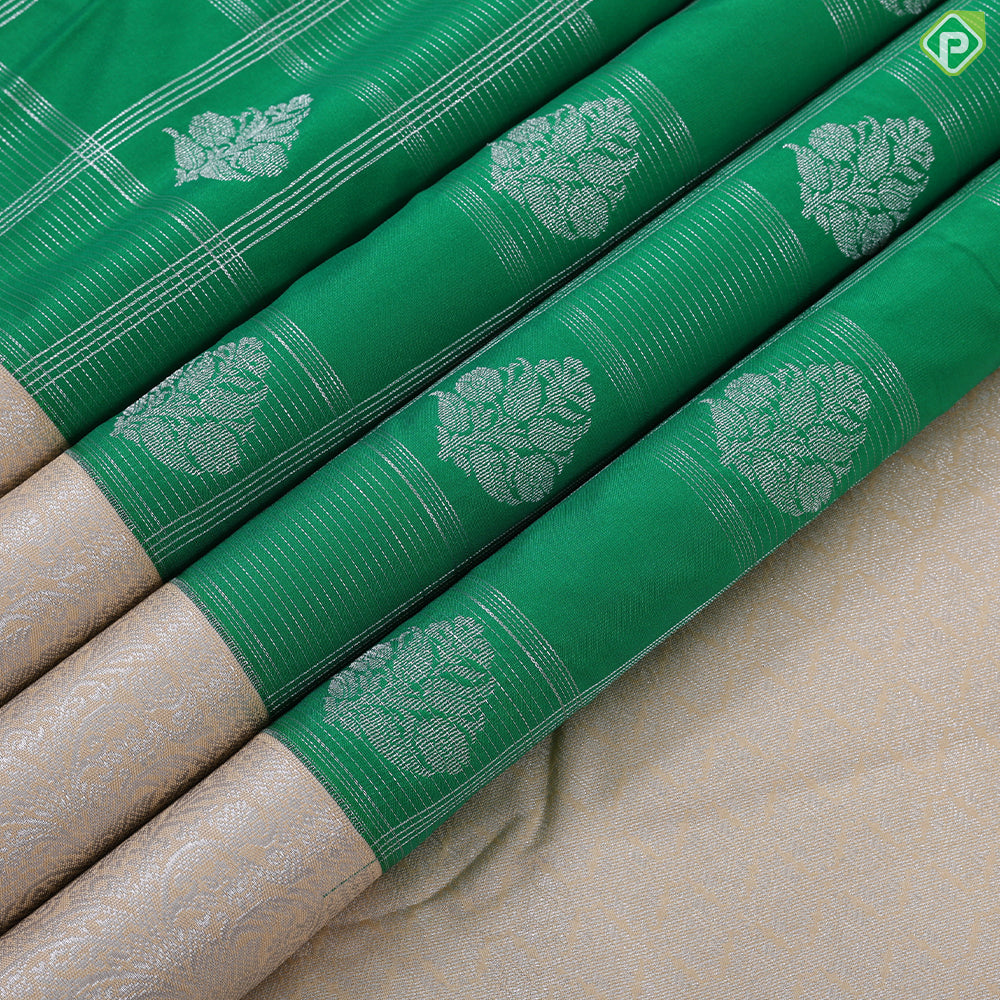 Forest green silver zari checks and Butta design contrast beige border art silk gift saree